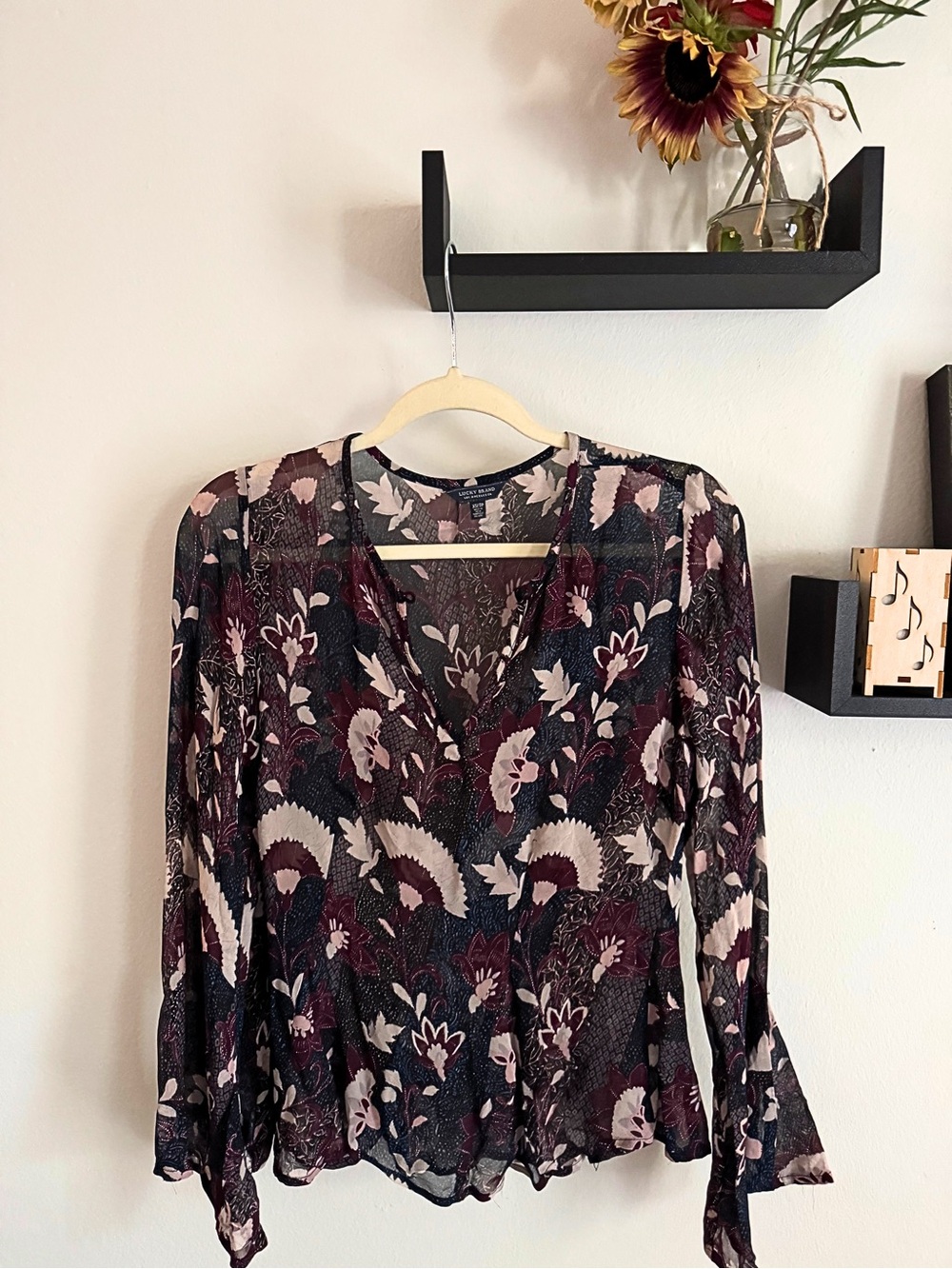 Lucky Brand Sheer Floral Peasant Blouse Burgundy